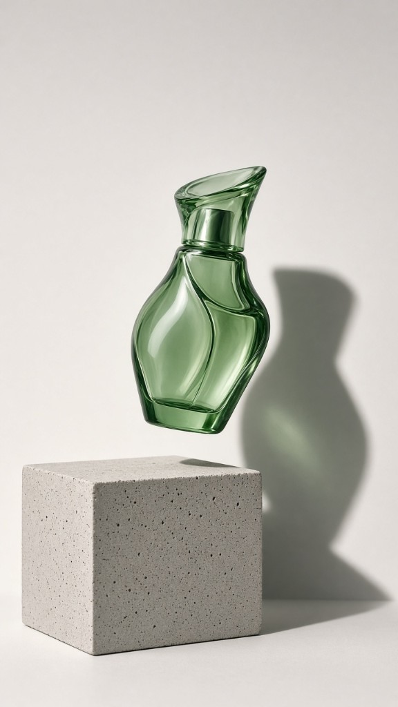 Green glass flacon floating above stone — sculptural product shot