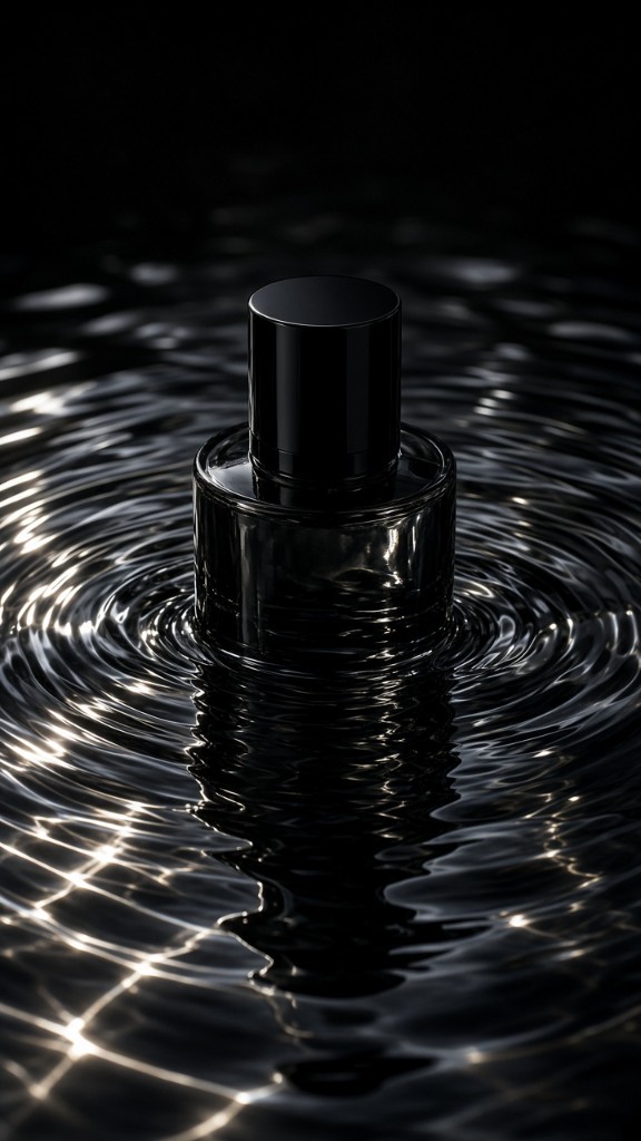 Black fragrance bottle in rippling water — moody product editorial