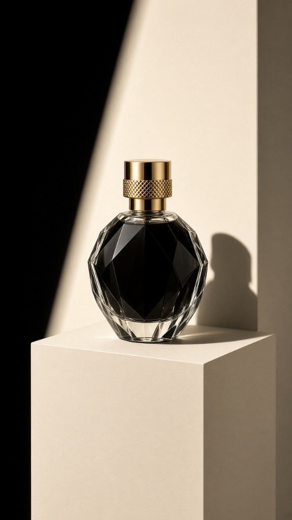 Faceted perfume bottle on a pedestal — hero product still life