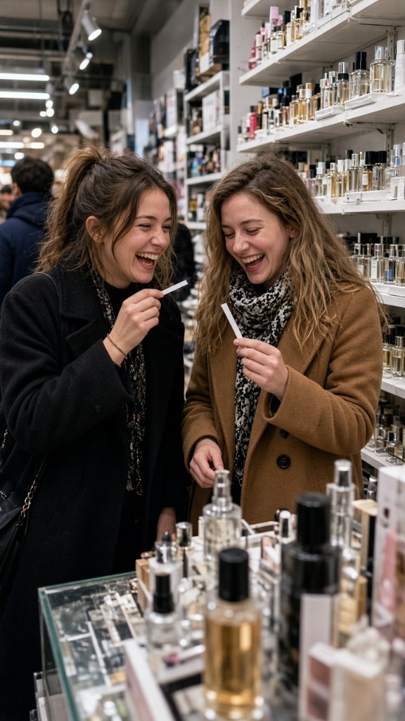 Shoppers sampling fragrance at a perfume counter