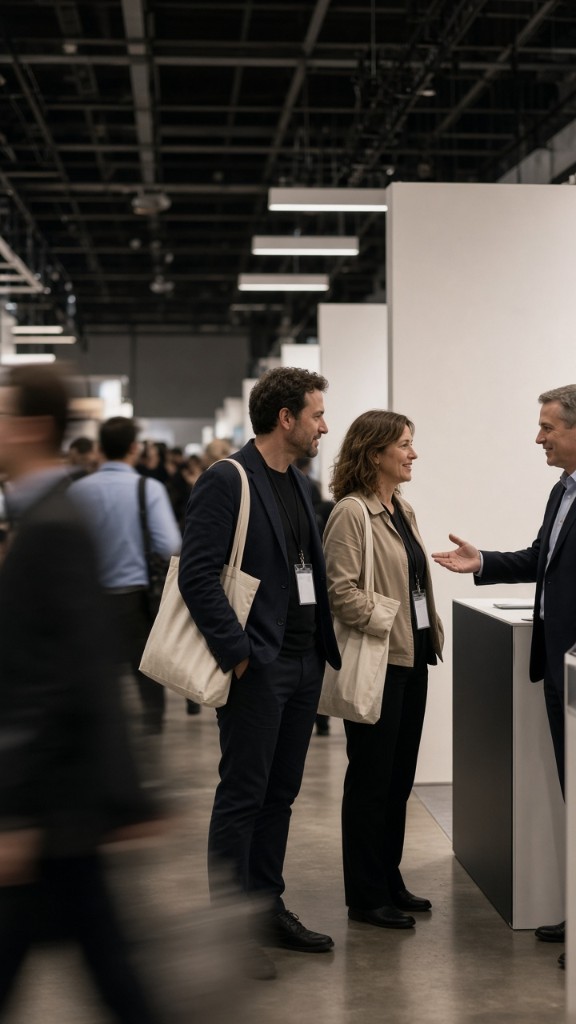 Conversation at a fragrance trade fair stand