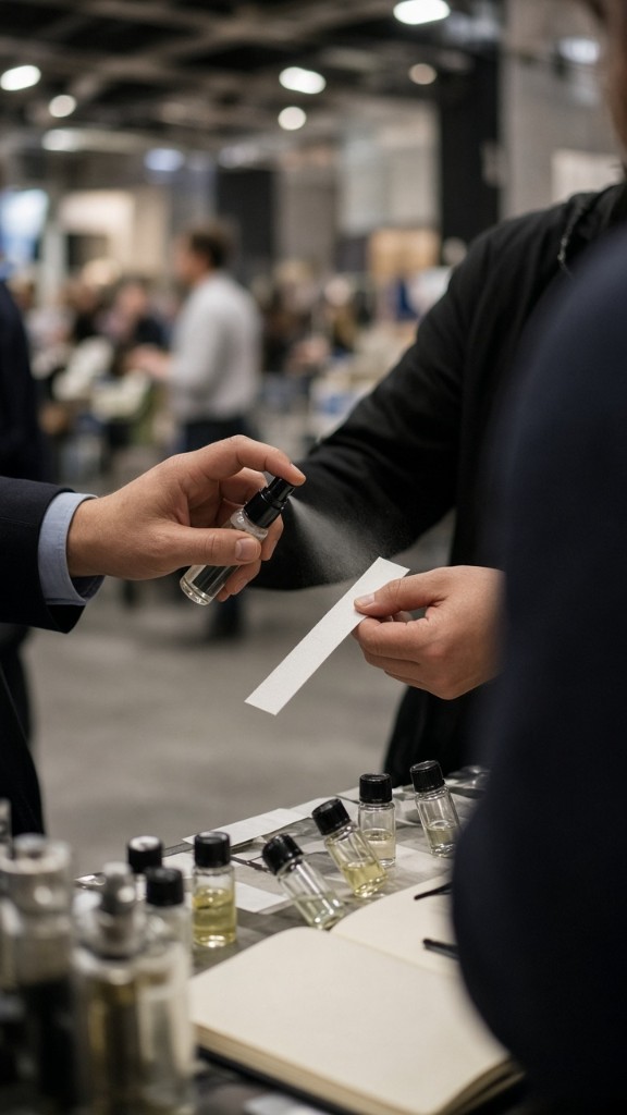 Spraying fragrance onto a blotter at a trade show